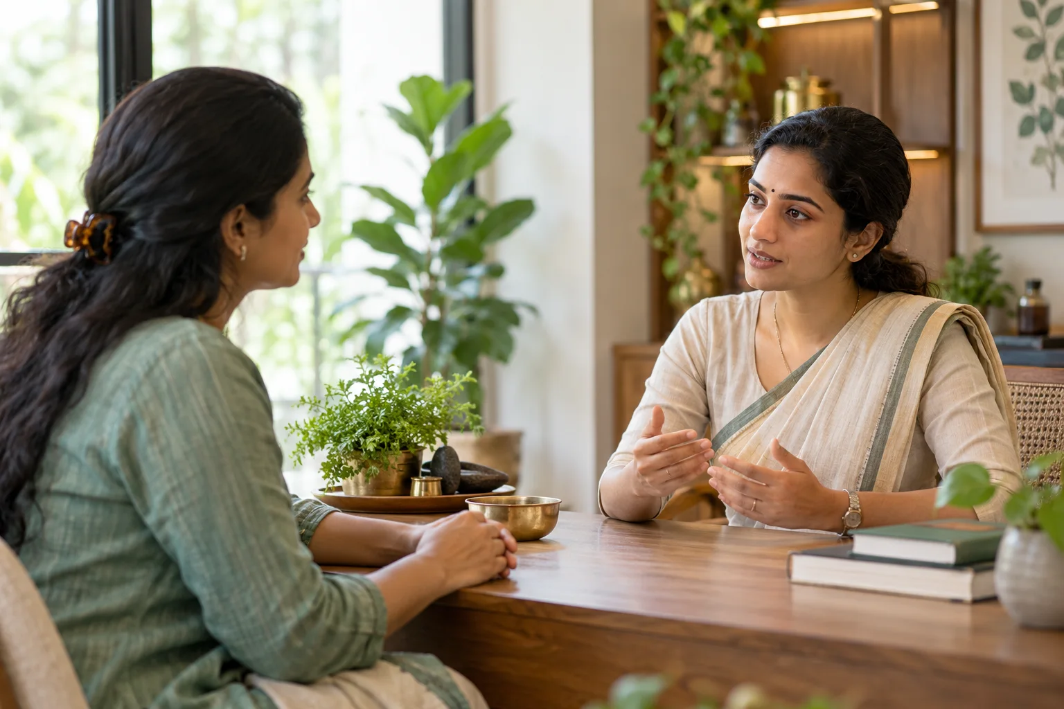 A practitioner listening to a patient during a consultation